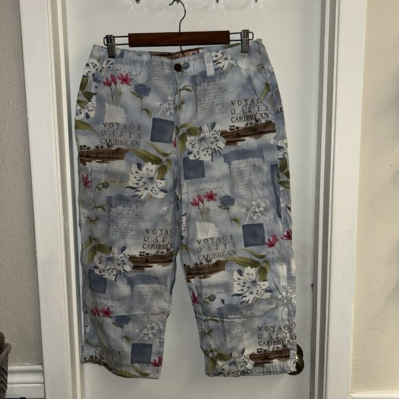 Caribbean Joe Blue Floral  Voyage Oasis Travel Capri Pants Women’s 12 Petite - Picture 2 of 9